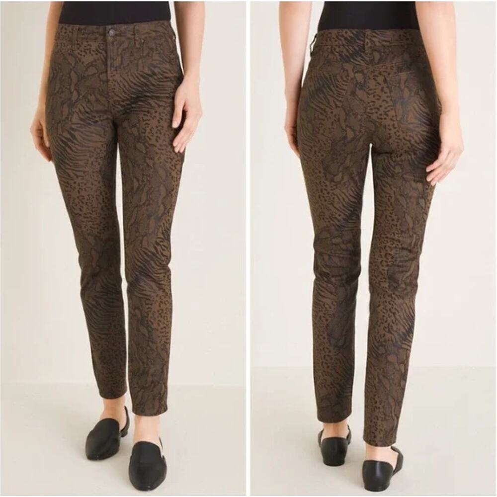 Chico's Coated Fly Front Animal Print Jeggings Jeans Brown Petite Size 2P